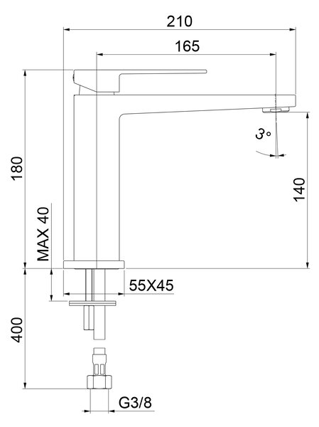 Sapho Sapho, LATUS önálló mosdókagyló csaptelep kimenet nélkül, magasság 180mm, fekete matt, 1102-74B