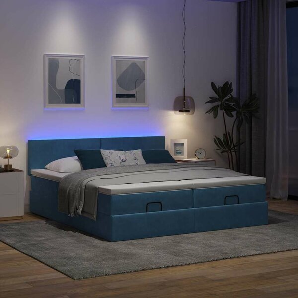 VidaXL Ottomán ágy matracokkal & LED-ek Sötétkék 200x200cm bársony