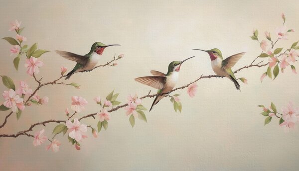 Fotótapéta Kolibri festmény egy virágos ágon virágokkal, Modern fotótapéta, Modern fotótapéta, w08515 - Muralas.hu