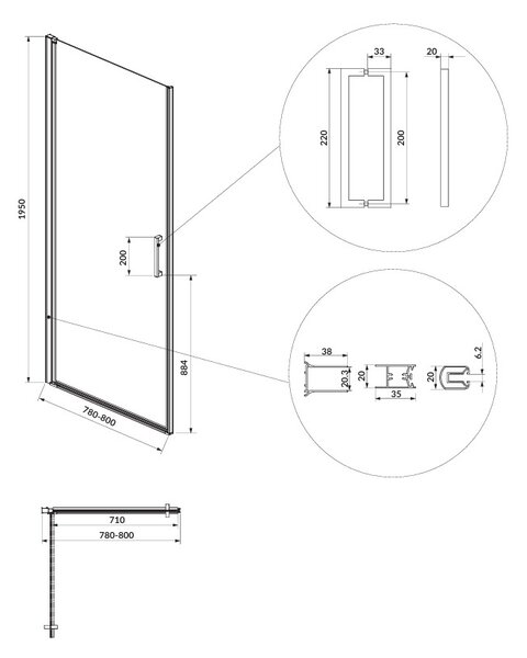 Cersanit Moduo, 1-szárnyú ajtó nyitáshoz 80x195 cm, 6mm átlátszó üveg, króm profil, S162-020
