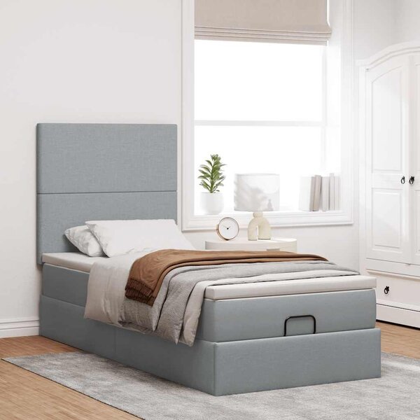 VidaXL világosszürke szövet ottomán ágy matraccal & LED-ek 90x200 cm