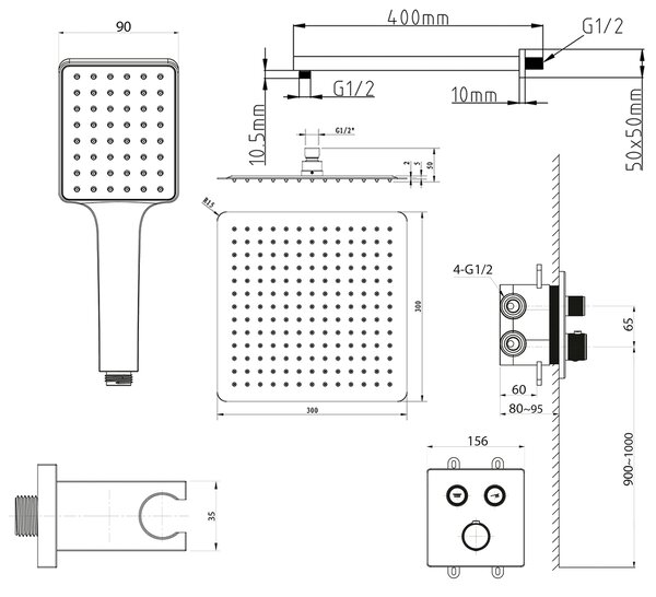 Sapho Sapho, SMART SELECT rejtett termosztatikus zuhanygarnitúra, 2 kimenet, konnektor, króm, RP042-01