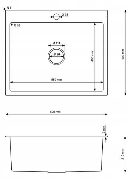 Erga HD, 1 kamrás acél mosogató 600x500x215 mm, grafit, ERG-MLS-HD6050B