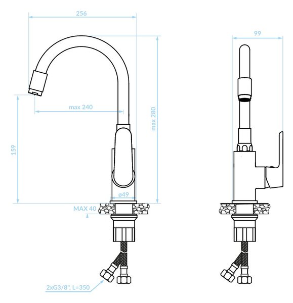 Kuchinox Dima, mosdócsap flexibilis kifolyóval h-280, fekete-króm, LAV-BQD_021B