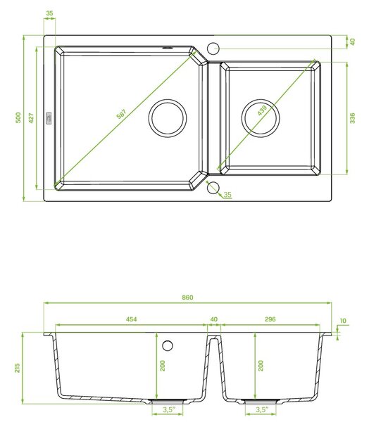 Kuchinox Milos, 2 rekeszes gránit mosogató 860x500x215 mm + szifon, bézs, LAV-SPM_4208