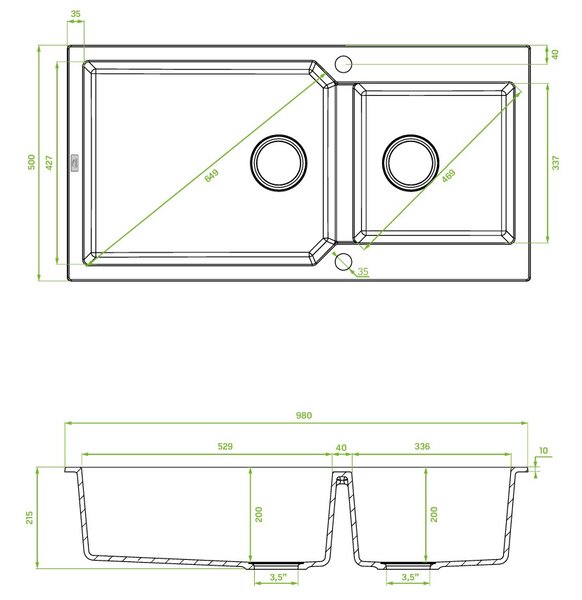 Kuchinox Milos, 2 rekeszes gránit mosogató 980x500x215 mm + szifon, bézs, LAV-SPM_4209