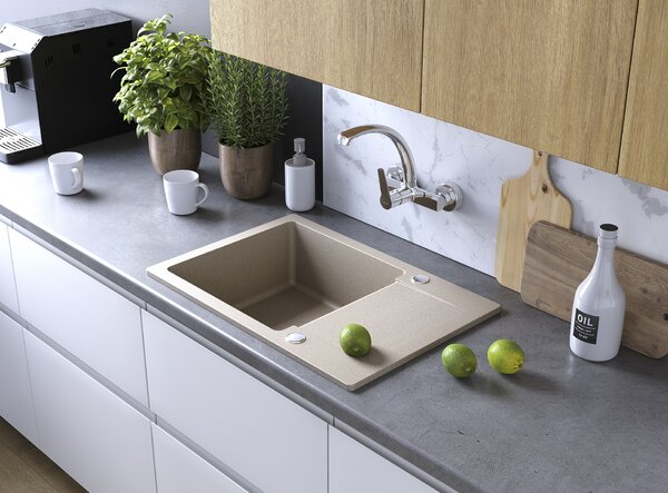 Kuchinox Celebes, 1 rekeszes gránit mosogató 650x440x185mm rövid csepegtetővel, bézs, LAV-SBL_413T