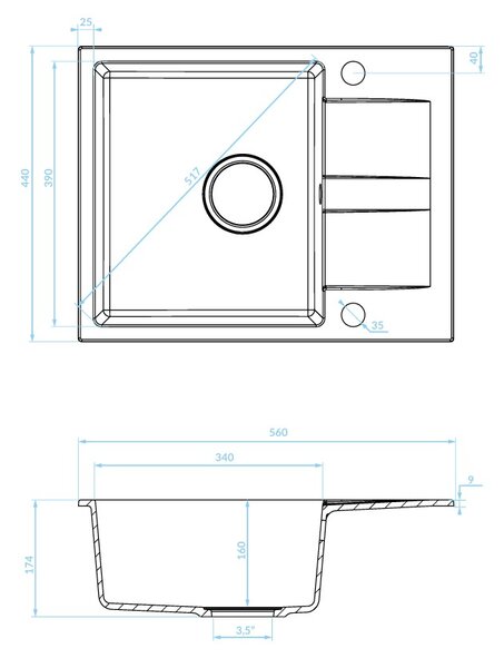 Kuchinox Laut, 1 rekeszes gránit mosogató 560x440x174 mm + szifon, bézs, LAV-SBZ_413Y
