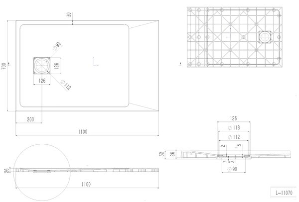 Erga Hyper, SMC zuhanytálca 110x70x2,6 cm + szifon, fekete matt, ERG-V06-SMC-7011S-BK