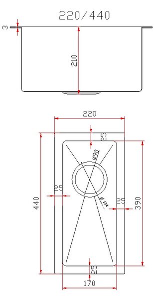 Gamma Gamma, 1 rekeszes acél mosogató 220x440x210 mm, arany matt, GMA-S2244-GD