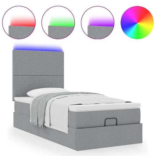 VidaXL világosszürke szövet ottomán ágy matraccal & LED-ek 90x200 cm