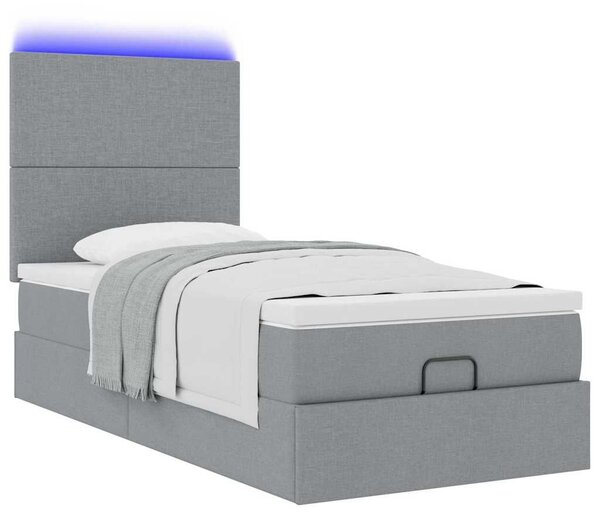 VidaXL világosszürke szövet ottomán ágy matraccal & LED-ek 90x200 cm