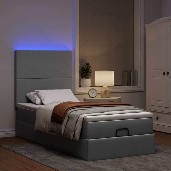 VidaXL világosszürke szövet ottomán ágy matraccal & LED-ek 90x200 cm