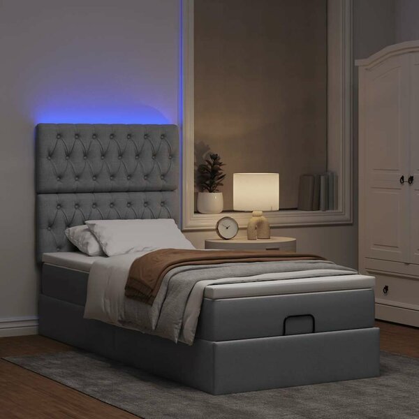 VidaXL világosszürke szövet ottomán ágy matraccal & LED-ek 90x200 cm