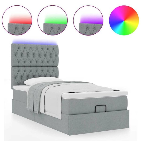 VidaXL világosszürke szövet ottomán ágy matraccal & LED-ek 90x200 cm