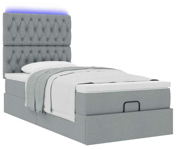 VidaXL világosszürke szövet ottomán ágy matraccal & LED-ek 90x200 cm