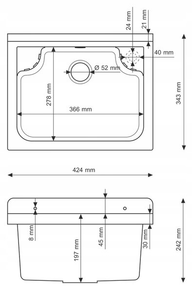 Gamma Manta mini, univerzális műanyag mosogató 42,4x34,3x24,2 cm + szifon, 1 kamrás, szürke, GMA-KGM42-G