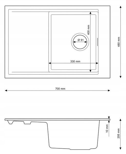Gamma Design 7050, 1 rekeszes gránit mosogató 700x480x205 mm, szürke, GMA-ZLE000132