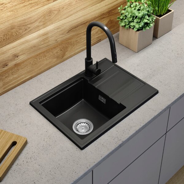 Gamma Modern 6040, 1 tálos gránit mosogató 580x420x185 mm, rövid lefolyóval, fekete, GMA-ZM-6040-BK