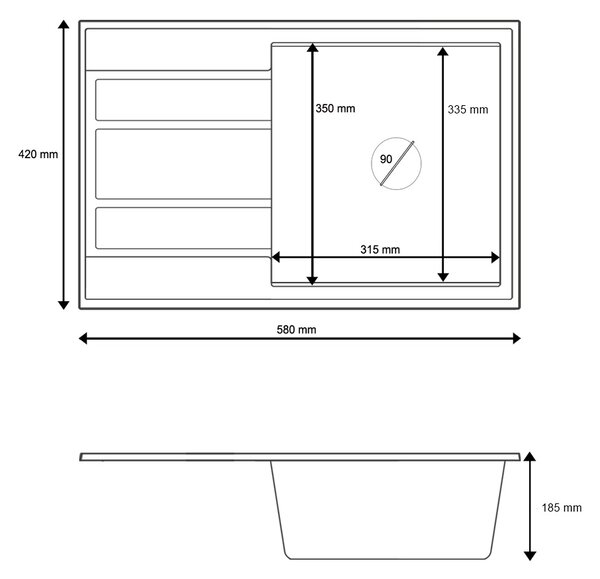 Gamma Modern 6040, 1 tálos gránit mosogató 580x420x185 mm, rövid lefolyóval, szürke, GMA-ZM-6040-G