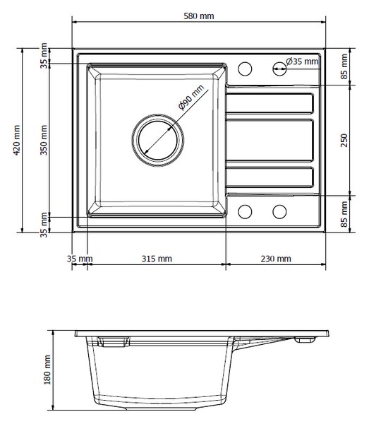 Gamma Modern 6040, 1 tálos gránit mosogató 580x420x185 mm rövid lefolyóval, fekete arany pöttyökkel, GMA-ZM-6040-GD