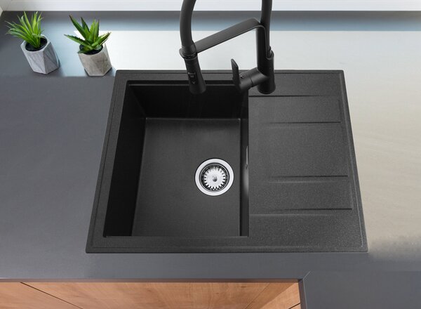 Gamma Modern 6550, 1 tálos gránit mosogató 650x500x210 mm rövid lefolyóval, fekete pettyes, GMA-ZLE000090