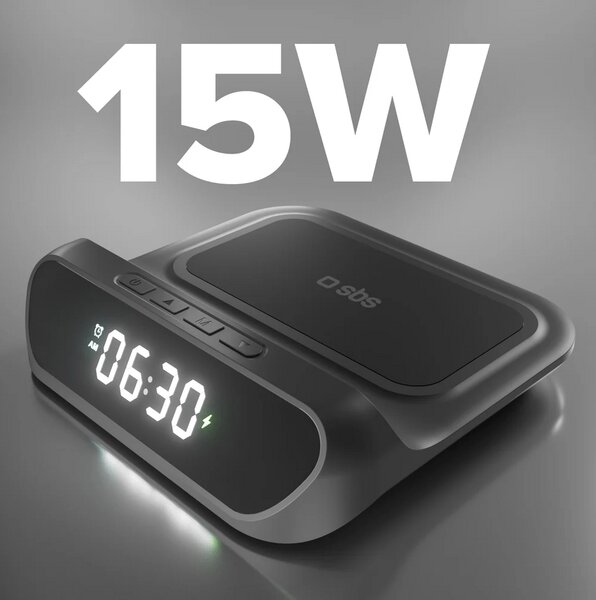 SBS 2-in-1 Ébresztőóra vezeték nélküli töltővel, fekete (TEWIRCLOCK)