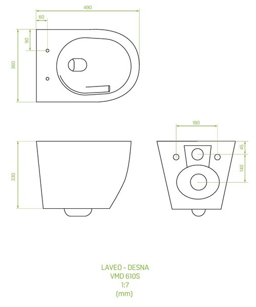Laveo Desna Cycleon 2.0, falra akasztható WC csésze duroplast WC ülőkével, Vortex öblítés, fényes fehér, LAV-VMD_610S