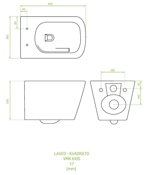 Laveo Kvadrato Cycleon 2.0, fali WC csésze duroplast WC ülőkével, Vortex öblítés, fényes fehér, LAV-VMK_610S