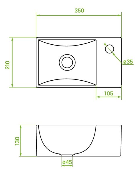 Laveo Kvadrato, kerámia mosdó 355x210x130 mm, fényes fehér, LAV-VUK_6135