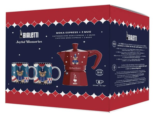 Bialetti Moka Express kotyogós kávéfőző, karácsonyi maci + 2db bögre (5318)