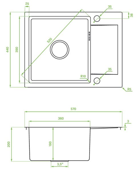 Laveo Marmara, 1 rekeszes rozsdamentes mosogató 570x440x200 mm, grafit, LAV-SAM_513T