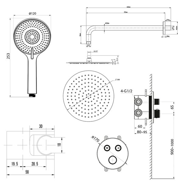 Sapho Sapho, SMART SELECT rejtett termosztatikus zuhanygarnitúra, 2 kimenet, kijárat, fekete matt, RP032B-01