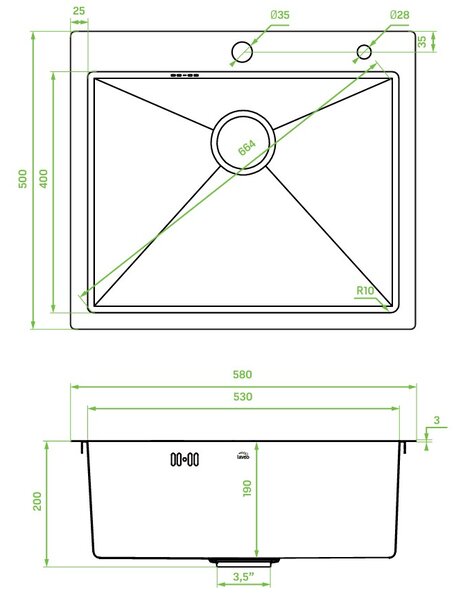 Laveo Malawi, 1 rekeszes rozsdamentes mosogató 580x500x200 mm, grafit, LAV-SLM_510T
