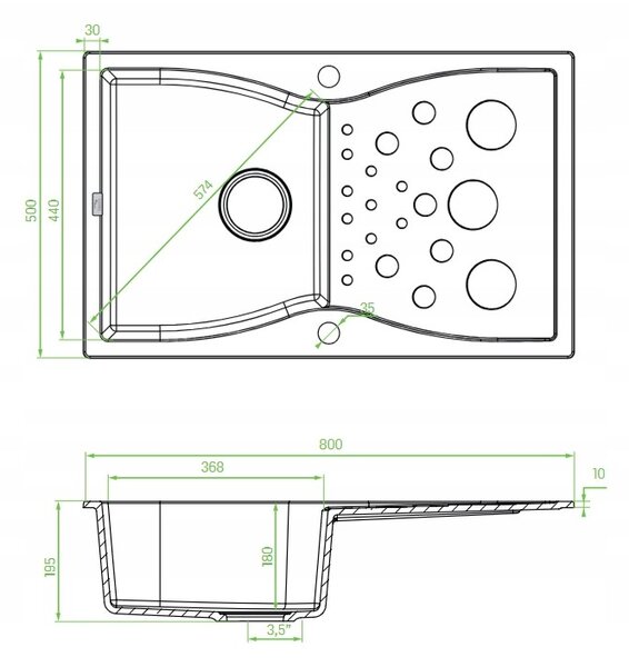 Laveo Molokin, 1 rekeszes gránit mosogató 800x500x180 mm hosszú csepegtetővel, bézs, LAV-SPO_411T