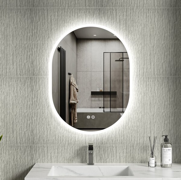 Erga Demi, ovális LED tükör 60x80cm, 3 fényszín, elülső világítás, páramentes fűtőpárna, ERG-V01-DEMI-6080-CL