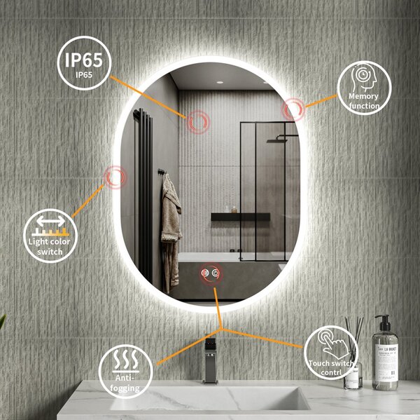 Erga Demi, ovális LED tükör 60x80cm, 3 fényszín, elülső világítás, páramentes fűtőpárna, ERG-V01-DEMI-6080-CL
