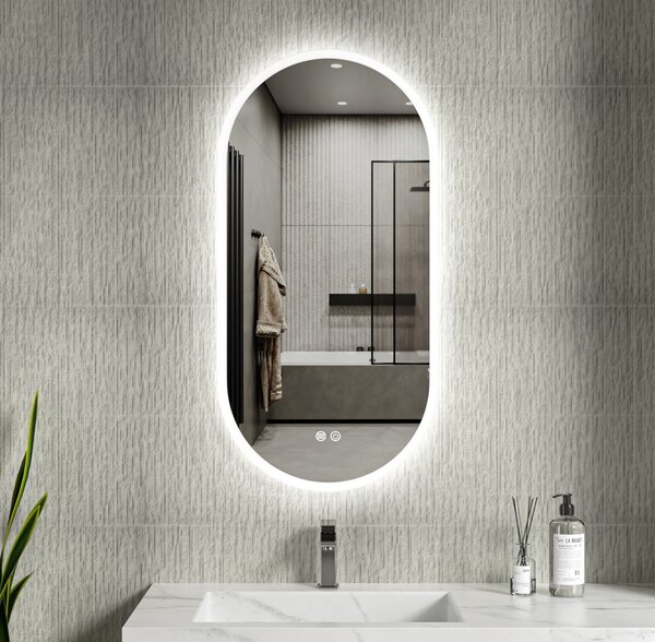 Erga Demi, ovális LED tükör 50x100cm, 3 fényszín, elülső világítás, páramentes fűtőpárna, ERG-V01-DEMI-5010-CL
