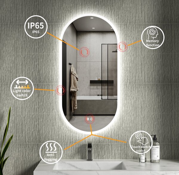 Erga Demi, ovális LED tükör 50x100cm, 3 fényszín, elülső világítás, páramentes fűtőpárna, ERG-V01-DEMI-5010-CL