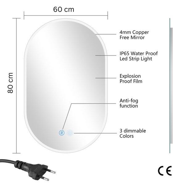 Erga Demi, ovális LED tükör 60x80cm, 3 fényszín, elülső világítás, páramentes fűtőpárna, ERG-V01-DEMI-6080-CL
