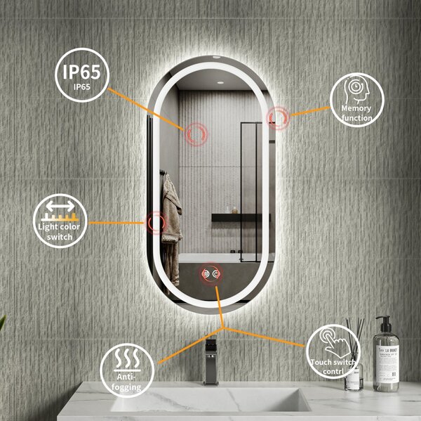 Erga Lyra, ovális LED tükör 40x80cm, 3 fényszín, első és hátsó világítás, páramentes fűtőpárna, ERG-V01-LYRA-4080-CL