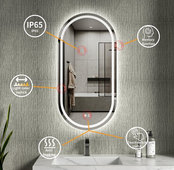 Erga Lyra, ovális LED tükör 50x100cm, 3 fényszín, első és hátsó világítás, páramentes fűtőpárna, ERG-V01-LYRA-5010-CL
