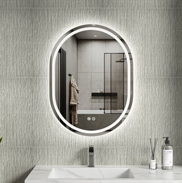 Erga Lyra, ovális LED tükör 60x80cm, 3 fényszín, első és hátsó világítás, páramentes fűtőpárna, ERG-V01-LYRA-6080-CL