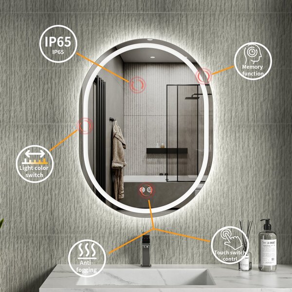 Erga Lyra, ovális LED tükör 60x80cm, 3 fényszín, első és hátsó világítás, páramentes fűtőpárna, ERG-V01-LYRA-6080-CL