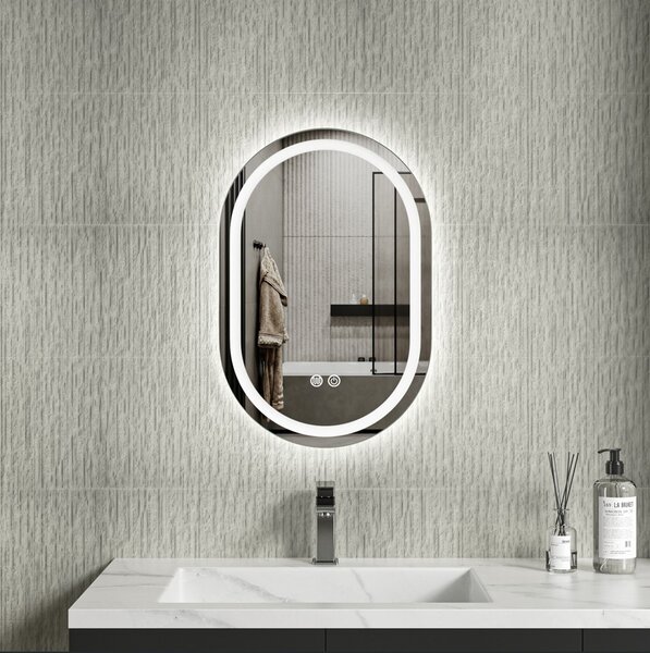 Erga Lyra, ovális LED tükör 40x60cm, 3 fényszín, első és hátsó világítás, páramentes fűtőpárna, ERG-V01-LYRA-4060-CL