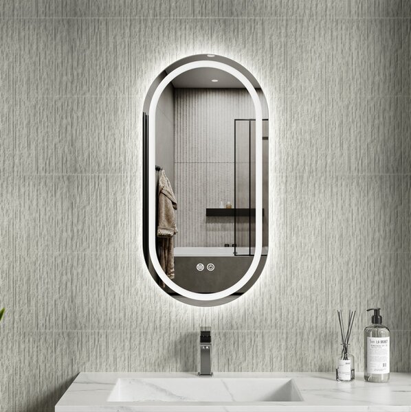 Erga Lyra, ovális LED tükör 40x80cm, 3 fényszín, első és hátsó világítás, páramentes fűtőpárna, ERG-V01-LYRA-4080-CL