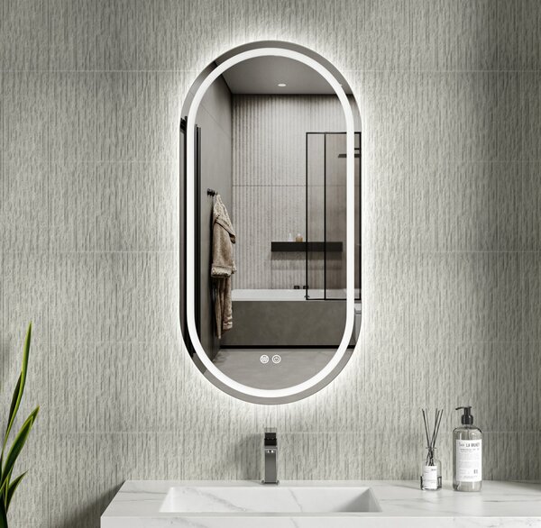 Erga Lyra, ovális LED tükör 50x100cm, 3 fényszín, első és hátsó világítás, páramentes fűtőpárna, ERG-V01-LYRA-5010-CL