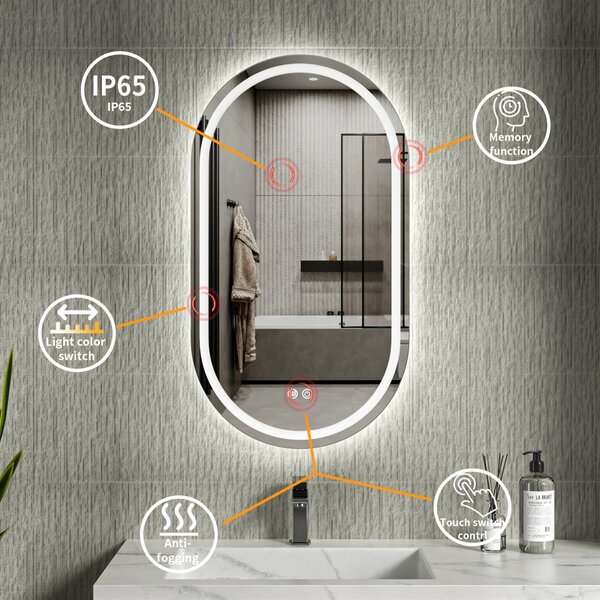 Erga Lyra, ovális LED tükör 50x90cm, 3 fényszín, első és hátsó világítás, páramentes fűtőpárna, ERG-V01-LYRA-5090-CL
