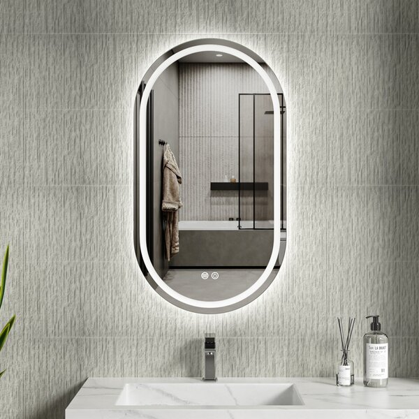 Erga Lyra, ovális LED tükör 50x90cm, 3 fényszín, első és hátsó világítás, páramentes fűtőpárna, ERG-V01-LYRA-5090-CL