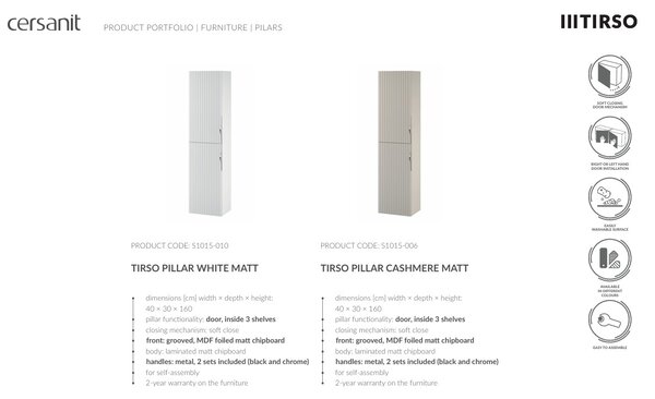 Cersanit Tirso, magas felsőszekrény 400x302x1600 mm, matt fehér, S1015-010